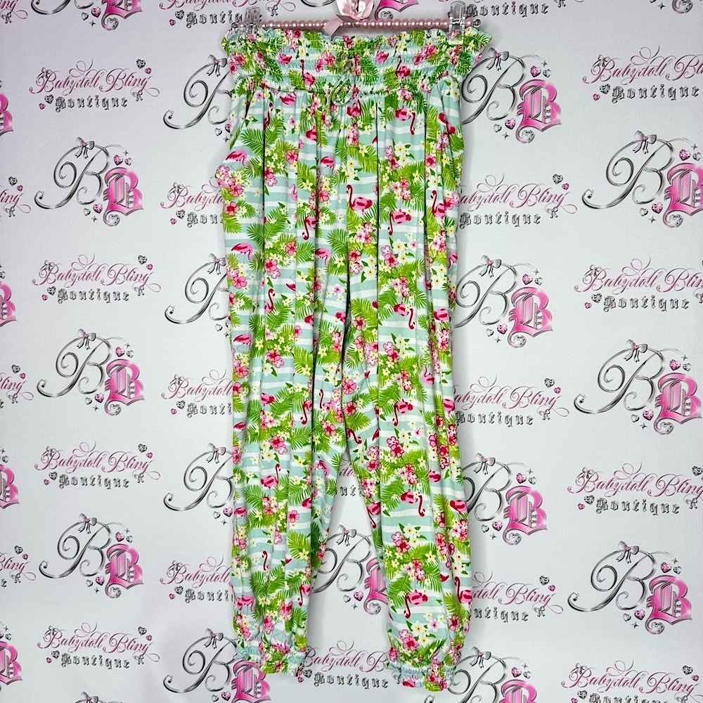 Pants flamingo tropical jungle vacation Floral Green stretchy cinch Pants